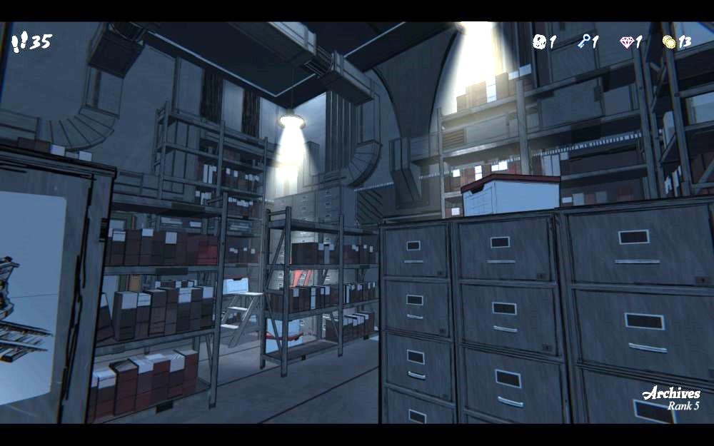 A view of the archives room in Blue Prince, highlighting tall shelves full of document boxes.