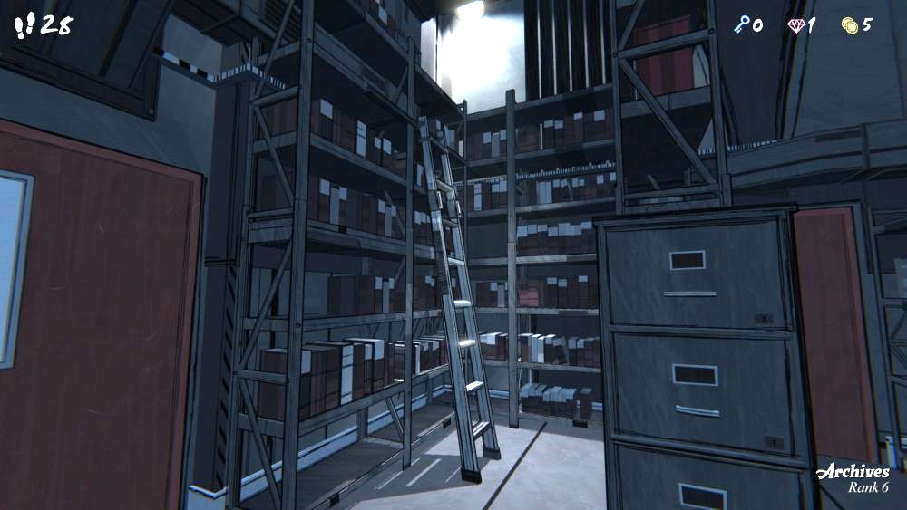 An extension ladder leaning against a tall shelf.