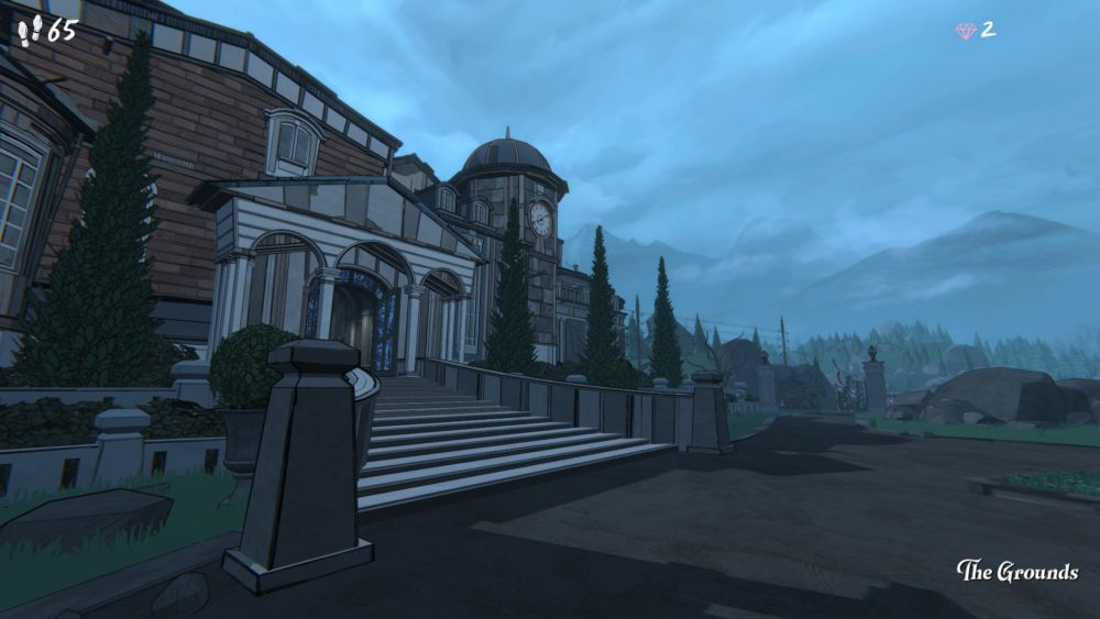 An exterior view of the manor house in the game Blue Prince.