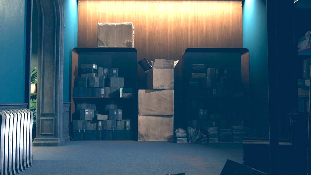 Two shelves and a group of cardboard boxes between them